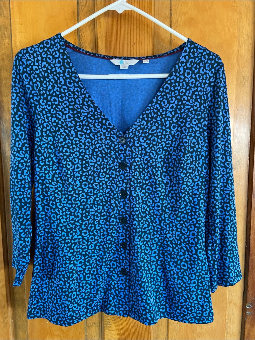 Boden Blue and Black Leopard-Print Button Front Top